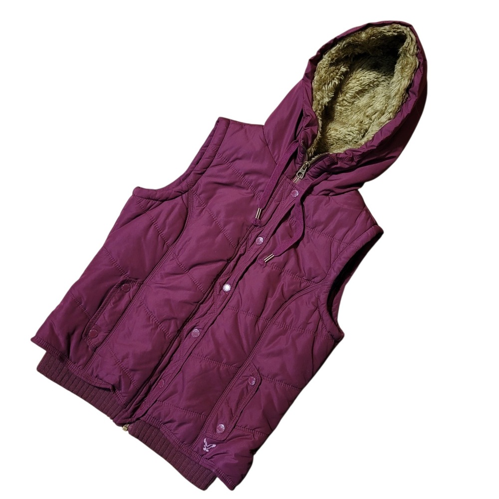 American Eagle Womens Plum Purple Hooded Puffer Vest Faux Fur Lining‎ Medium
